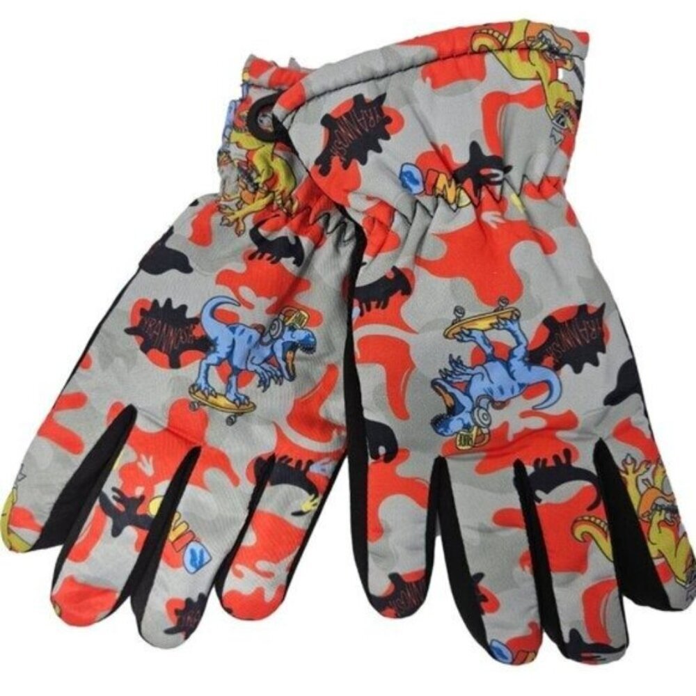 Kids Fur Lined Winter Ski Gloves with Dinosaurs, Red